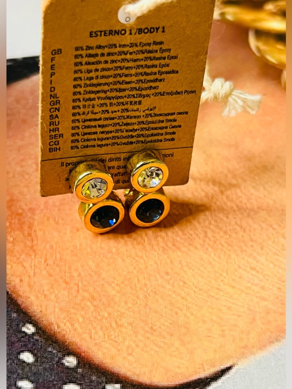 Yellow gold, plated, bezel studs blue and white rainstone Clear & Dark Blue